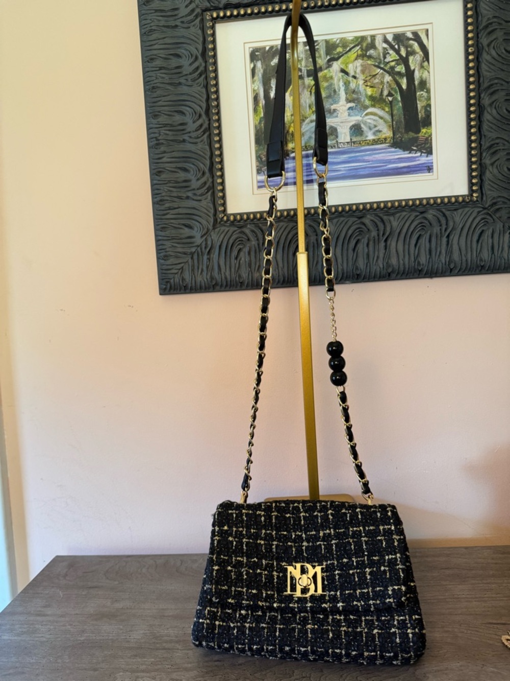 Badgley Mischka Black and Gold Tweed Crossbody Bag